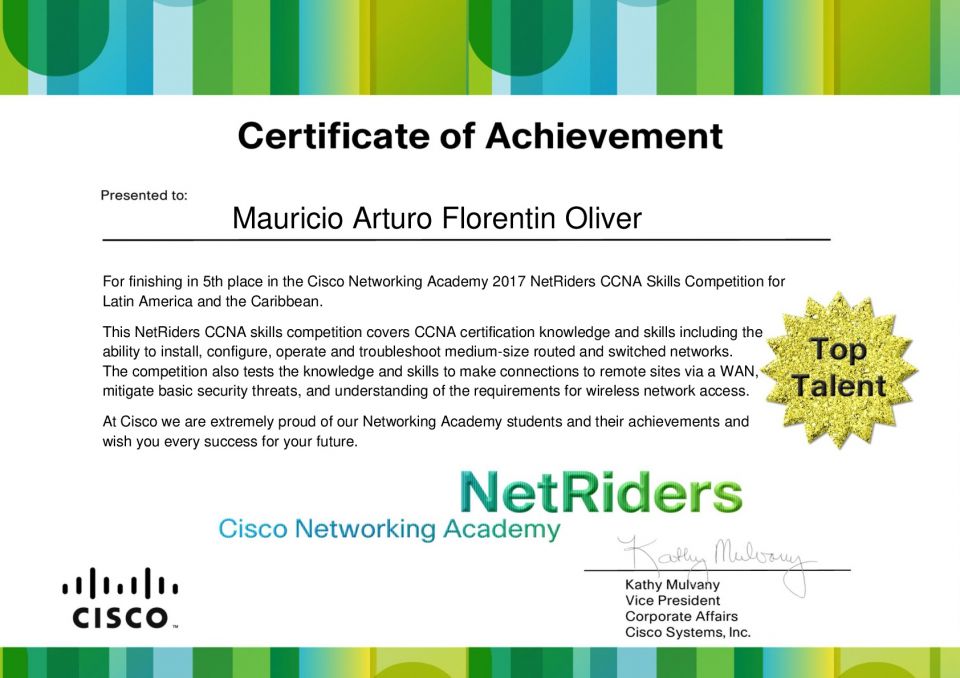 Certificado de logro 5to puesto Cisco NetRiders 2017